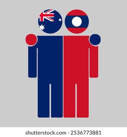 Flat illustration of two human figures with Australia and Laos flags as heads. Minimalistic design, isolated background.