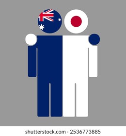 Flat illustration of two human figures with Australia and Japan flags as heads. Minimalistic design, isolated background.