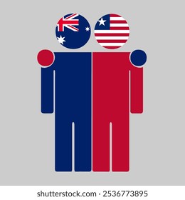 Flat illustration of two human figures with Australia and Liberia flags as heads. Minimalistic design, isolated background.