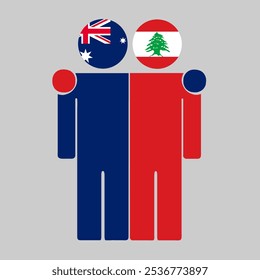 Flat illustration of two human figures with Australia and Lebanon flags as heads. Minimalistic design, isolated background.