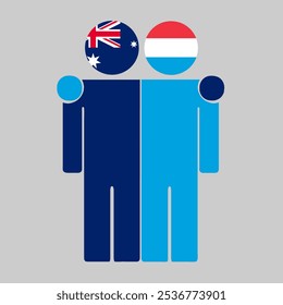 Flat illustration of two human figures with Australia and Luxembourg flags as heads. Minimalistic design, isolated background.