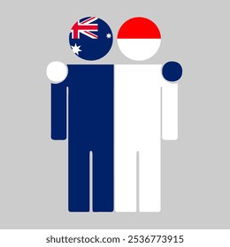 Flat illustration of two human figures with Australia and Indonesia flags as heads. Minimalistic design, isolated background.