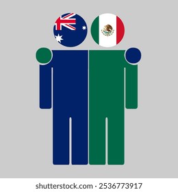 Flat illustration of two human figures with Australia and Mexico flags as heads. Minimalistic design, isolated background.