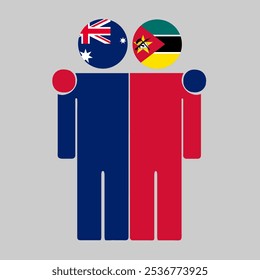Flat illustration of two human figures with Australia and Mozambique flags as heads. Minimalistic design, isolated background.
