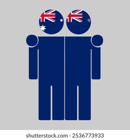 Flat illustration of two human figures with Australia and New Zealand flags as heads. Minimalistic design, isolated background.