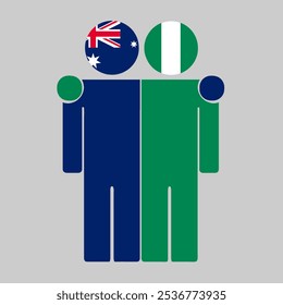 Flat illustration of two human figures with Australia and Nigeria flags as heads. Minimalistic design, isolated background.