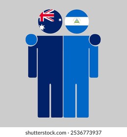 Flat illustration of two human figures with Australia and Nicaragua flags as heads. Minimalistic design, isolated background.