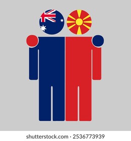 Flat illustration of two human figures with Australia and North Macedonia flags as heads. Minimalistic design, isolated background.