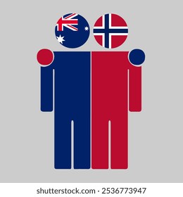 Ilustración plana de dos figuras humanas con banderas de Australia y Noruega como cabezas. Diseño minimalista, fondo aislado.