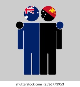 Ilustração plana de duas figuras humanas com bandeiras da Austrália e da Papua-Nova Guiné como cabeças. Design minimalista, fundo isolado.