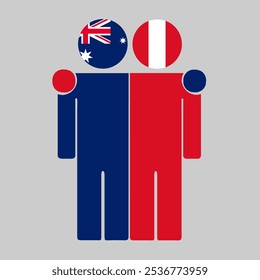 Flat illustration of two human figures with Australia and Peru flags as heads. Minimalistic design, isolated background.