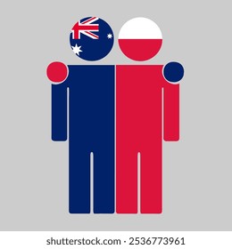 Flat illustration of two human figures with Australia and Poland flags as heads. Minimalistic design, isolated background.