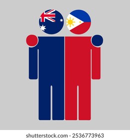 Flat illustration of two human figures with Australia and Philippines flags as heads. Minimalistic design, isolated background.