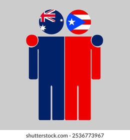 Flat illustration of two human figures with Australia and Puerto Rico flags as heads. Minimalistic design, isolated background.