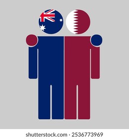 Flat illustration of two human figures with Australia and Qatar flags as heads. Minimalistic design, isolated background.