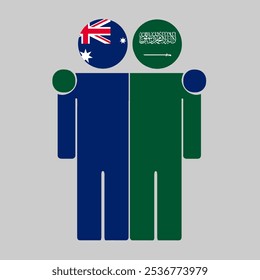 Flat illustration of two human figures with Australia and Saudi Arabia flags as heads. Minimalistic design, isolated background.