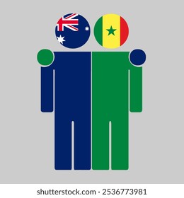 Flat illustration of two human figures with Australia and Senegal flags as heads. Minimalistic design, isolated background.