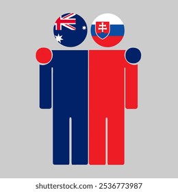 Flat illustration of two human figures with Australia and Slovakia flags as heads. Minimalistic design, isolated background.