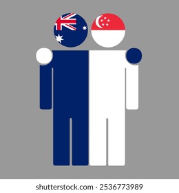 Flat illustration of two human figures with Australia and Singapore flags as heads. Minimalistic design, isolated background.