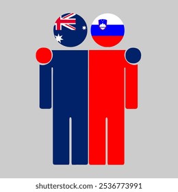 Flat illustration of two human figures with Australia and Slovenia flags as heads. Minimalistic design, isolated background.