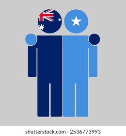 Flat illustration of two human figures with Australia and Somalia flags as heads. Minimalistic design, isolated background.