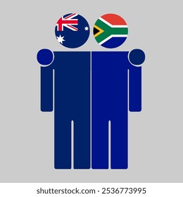 Flat illustration of two human figures with Australia and South Africa flags as heads. Minimalistic design, isolated background.