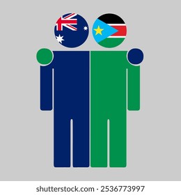 Flat illustration of two human figures with Australia and South Sudan flags as heads. Minimalistic design, isolated background.