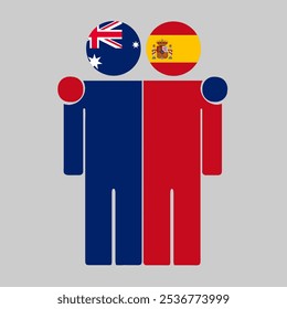 Flat illustration of two human figures with Australia and Spain flags as heads. Minimalistic design, isolated background.