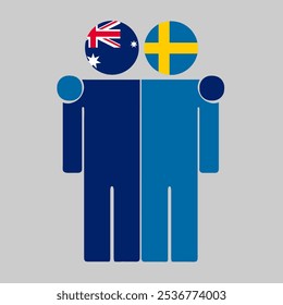 Flat illustration of two human figures with Australia and Sweden flags as heads. Minimalistic design, isolated background.