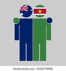 Flat illustration of two human figures with Australia and Suriname flags as heads. Minimalistic design, isolated background.