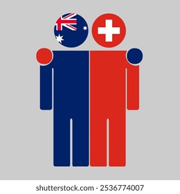 Flat illustration of two human figures with Australia and Switzerland flags as heads. Minimalistic design, isolated background.