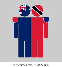 Flat illustration of two human figures with Australia, Trinidad and Tobago flags as heads. Minimalistic design, isolated background.