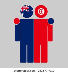 Flat illustration of two human figures with Australia and Tunisia flags as heads. Minimalistic design, isolated background.