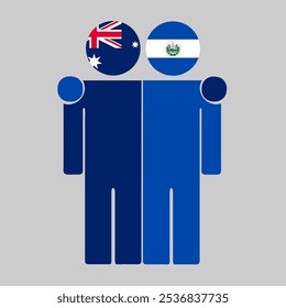 Flat illustration of two human figures with Australia and El Salvador flags as heads. Minimalistic design, isolated background.