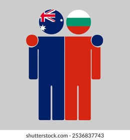 Flat illustration of two human figures with Australia and Bulgaria flags as heads. Minimalistic design, isolated background.