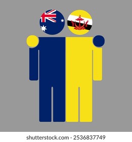Flat illustration of two human figures with Australia and Brunei Darussalam flags as heads. Minimalistic design, isolated background.