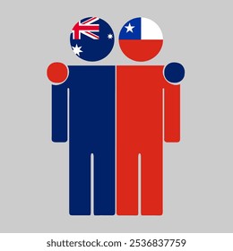 Ilustração plana de duas figuras humanas com bandeiras da Austrália e do Chile como cabeças. Design minimalista, fundo isolado.