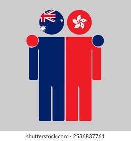 Flat illustration of two human figures with Australia and Hong Kong flags as heads. Minimalistic design, isolated background.