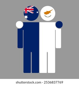 Flat illustration of two human figures with Australia and Cyprus flags as heads. Minimalistic design, isolated background.