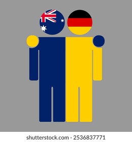 Ilustração plana de duas figuras humanas com bandeiras da Austrália e da Alemanha como cabeças. Design minimalista, fundo isolado.