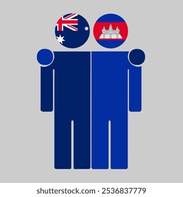 Flat illustration of two human figures with Australia and Cambodia flags as heads. Minimalistic design, isolated background.