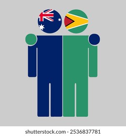 Flat illustration of two human figures with Australia and Guyana flags as heads. Minimalistic design, isolated background.