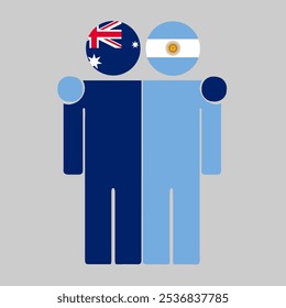 Flat illustration of two human figures with Australia and Argentina flags as heads. Minimalistic design, isolated background.