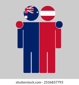 Flat illustration of two human figures with Australia and Austria flags as heads. Minimalistic design, isolated background.