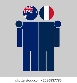 Flat illustration of two human figures with Australia and France flags as heads. Minimalistic design, isolated background.