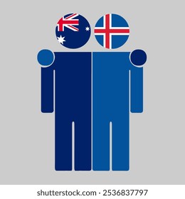 Flat illustration of two human figures with Australia and Iceland flags as heads. Minimalistic design, isolated background.