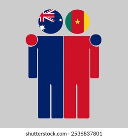 Flat illustration of two human figures with Australia and Cameroon flags as heads. Minimalistic design, isolated background.