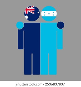 Flat illustration of two human figures with Australia and Honduras flags as heads. Minimalistic design, isolated background.
