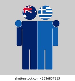 Flat illustration of two human figures with Australia and Greece flags as heads. Minimalistic design, isolated background.