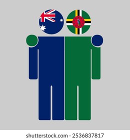 Flat illustration of two human figures with Australia and Dominica flags as heads. Minimalistic design, isolated background.